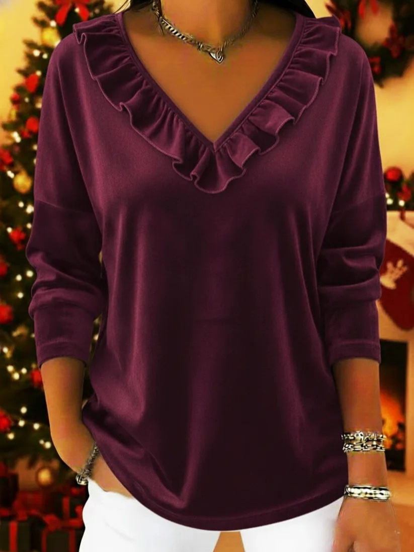 Womens Stylish Solid-Color Long-Sleeve Top With Ruffled V-Neck - Purplish Red, M