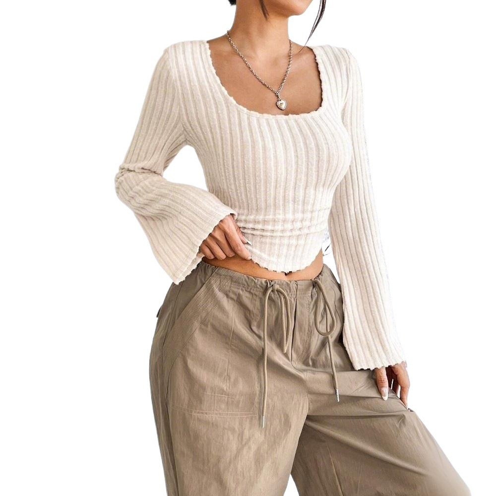 Autumn And Winter New Women's Fashion Elegant Style T-shirt Square Neck Bell Long Sleeve Top - Light Apricot, M