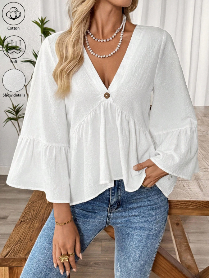 Women's Solid-Color V-Neck Top With Ruffle Sleeves - Image 6