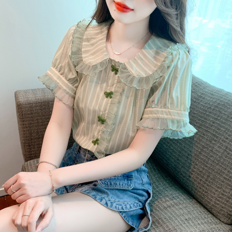 Doll Collar Bell Sleeve Lace Shirt Chiffon Shirt Top - Light Green, S