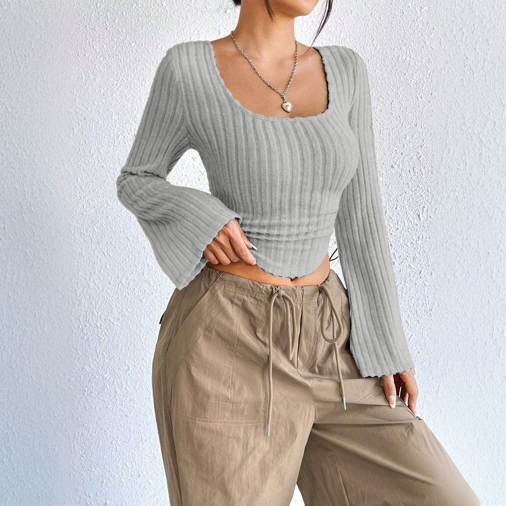 Autumn And Winter New Women's Fashion Elegant Style T-shirt Square Neck Bell Long Sleeve Top - Gray, S