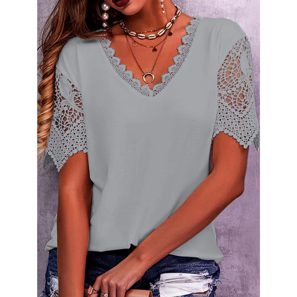 Lace Tops Women Summer Loose V Neck Short Sleeve Casual Shirts - Gray, L