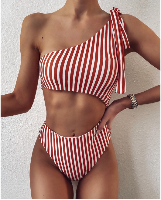 Striped Cut-out One Shoulder One Piece Swimsuit - Orange, S