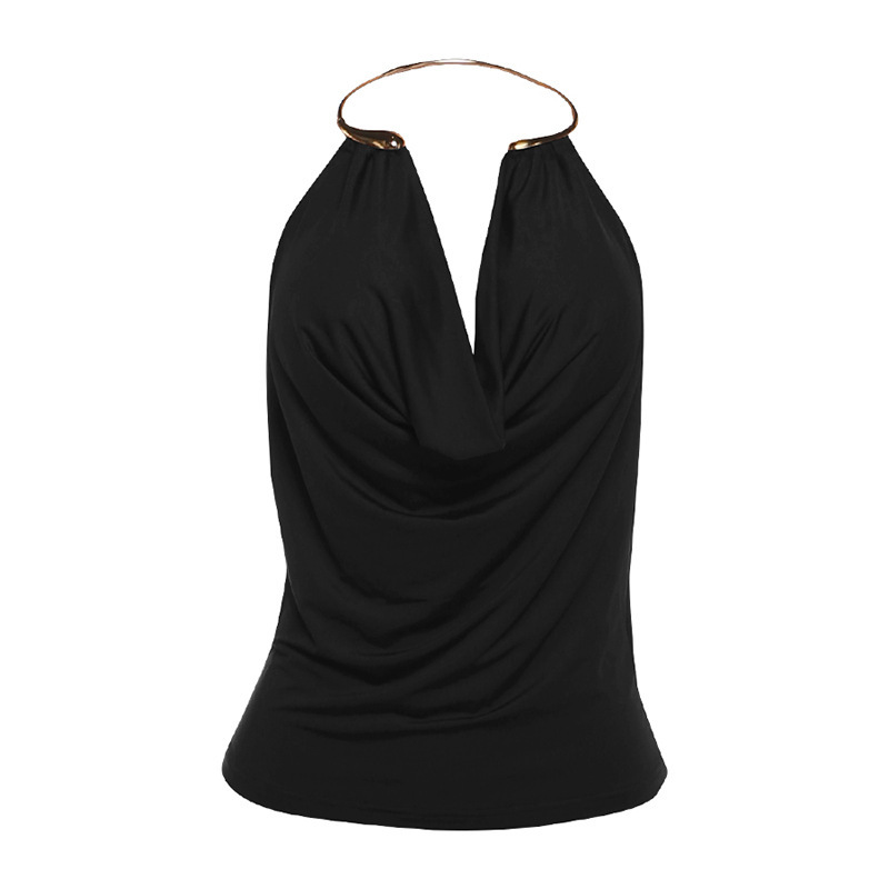 Fashionable Solid-Color Low-Cut Plunging Neckline Metal Halter Bodycon Tank Top - Black, L