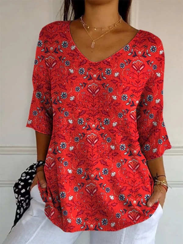 Elegant Retro Womens Casual Floral Print V-Neck Long-Sleeve Top - Style 8, 5XL