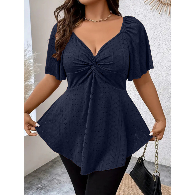 V-neck Drawstring-waist Sexy Short-sleeve Solid-color T-shirt - Navy Blue, 3XL