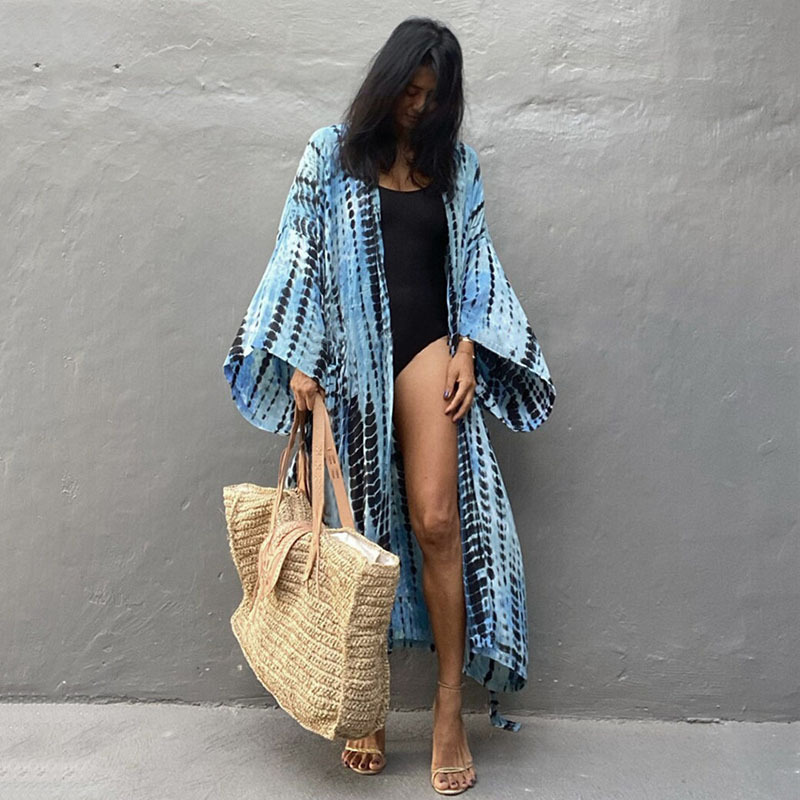 Printed Sexy Loose Sun Protection Bikini Blouse - DN0712 Blue, Average Size