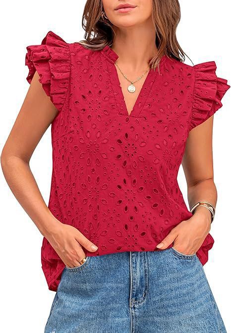Women's Eyelet Top Fashion Casual V-neck Pleated Cover Sleeve Lace Embroidered Shirt - Red, XXL