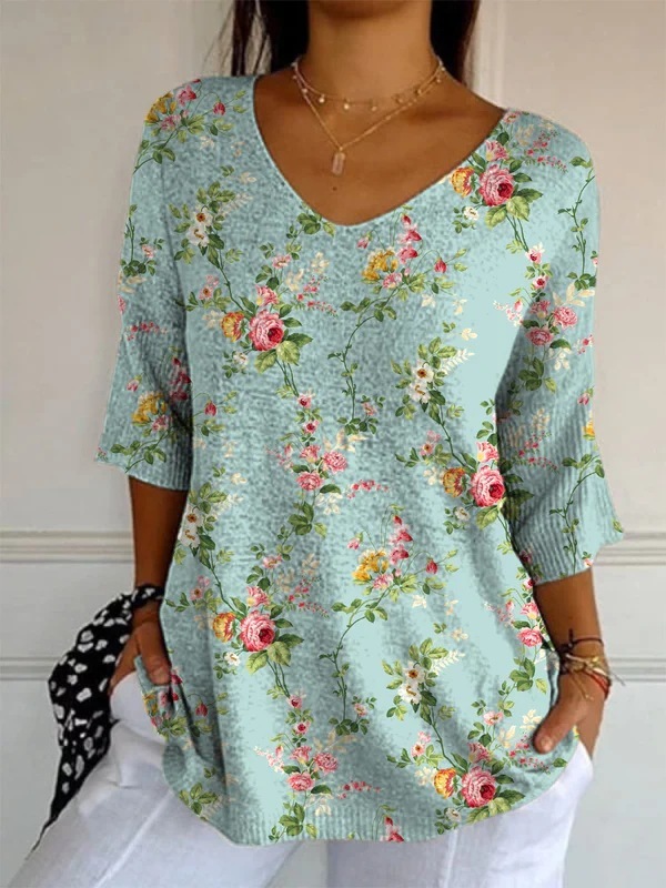 Elegant Retro Womens Casual Floral Print V-Neck Long-Sleeve Top - Style 9, 3XL