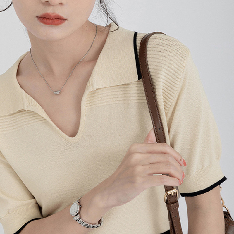 Polo Collar College Style Ice Silk Knitted Short Sleeved T-shirt Women - Apricot, One size