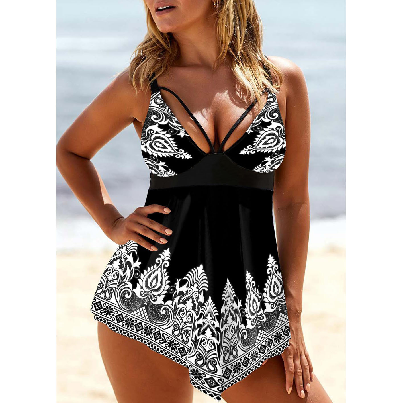 Women's Printed Strap Deep V Plus Size Skirt Swimsuit - White And Black, 3XL