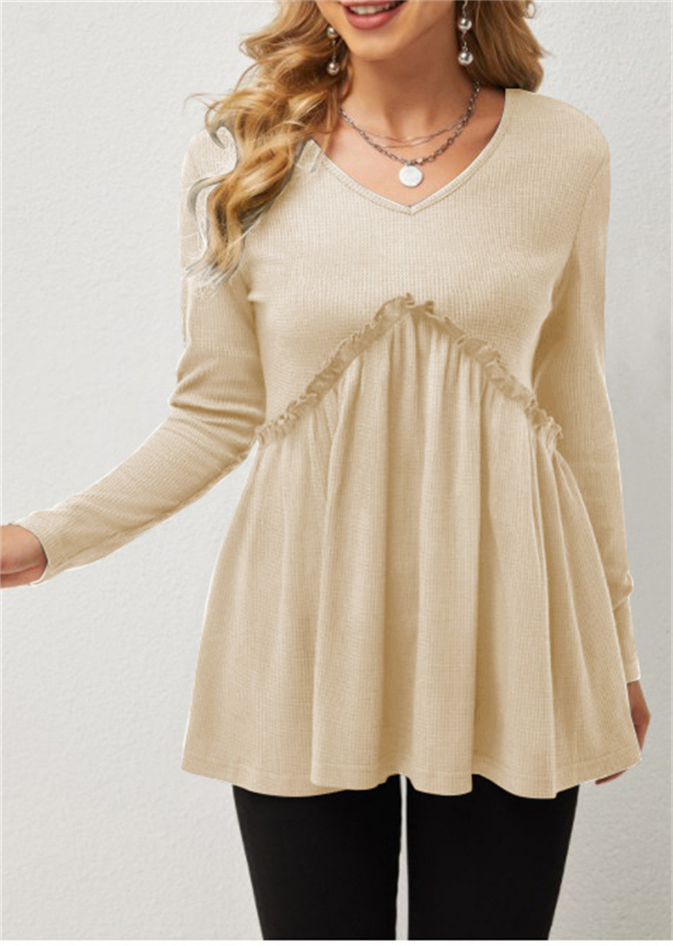 Loose-fit Ruffled Pleated V-neck T-shirt For Women - Khaki, XL