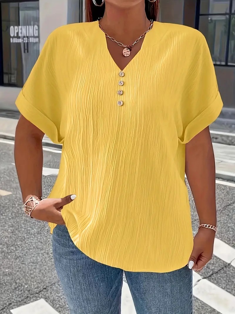 Summer Casual Women's Clothing Small V-neck Short-sleeve Top - Yellow, S