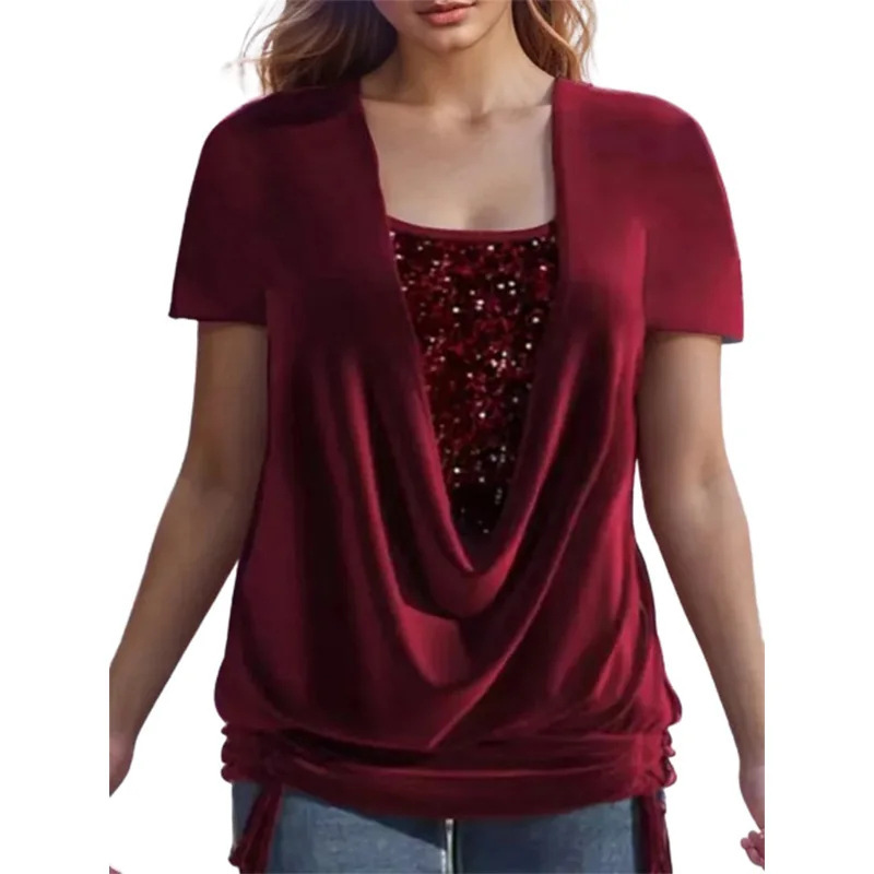 Womens Relaxed-fit Faux Two-piece Set With A Dramatic Draped Neckline And Gathered Details