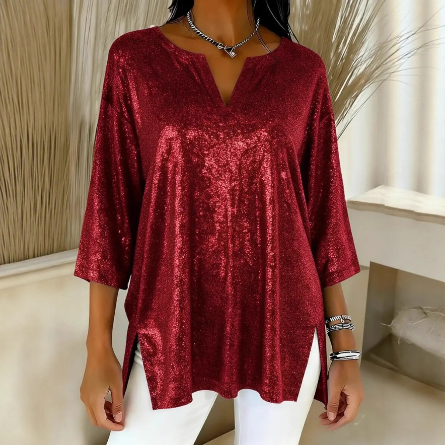 Independent Site Women's Shiny Christmas Long Sleeve Top - Red, XXXL