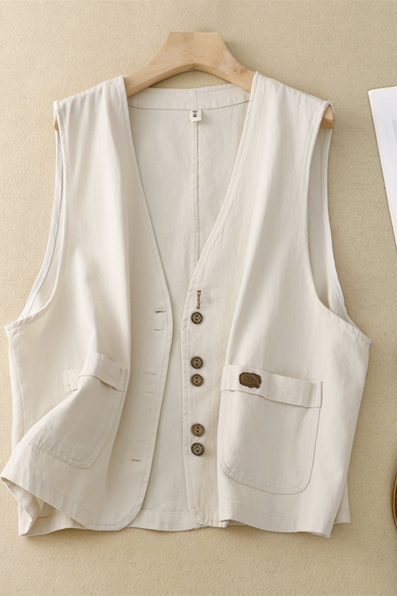Women's Short Korean-style Retro Cotton And Linen Vest - Hemp Color, L