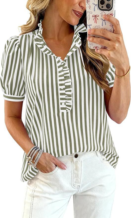Puff-sleeve Striped Plaid Ruffled V-neck Button-up Top - Green Stripes, S