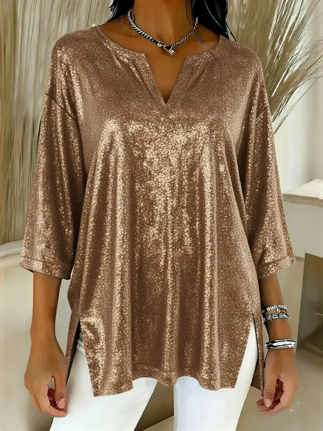 Independent Site Women's Shiny Christmas Long Sleeve Top - Light Brown, L