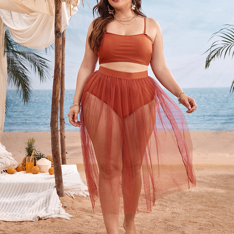 Plus Size Bikini Split Swimsuit Gauze Skirt - Orange, 4XL