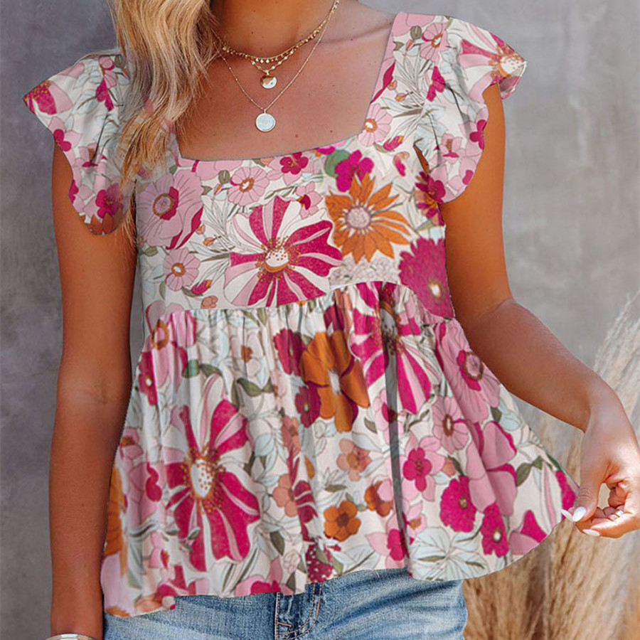 Summer Women's Sleeveless Top With Printed Square Neck Vest - Multi color, S