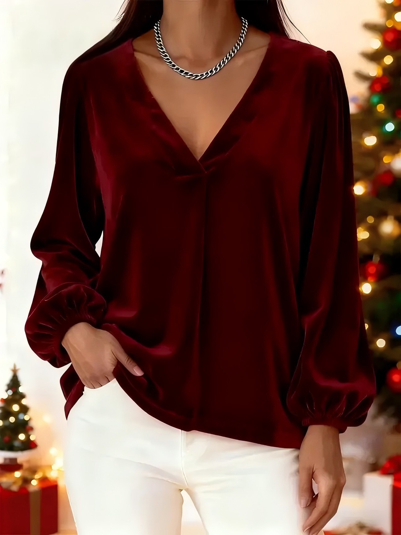 Velvet V-neck Elegant And Luxurious Lantern-sleeve Women's Top - Wine Red, M