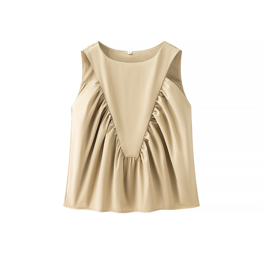 Pleated Decorative Vest Women's Solid Color Round Neck Sleeveless Pullover - Khaki, M