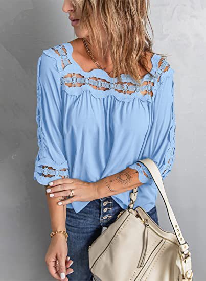 Female Lace Stitching Loose Leisure Five - Point Sleeve - Blue, 3XL