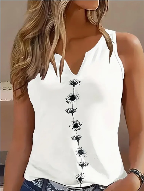 Floral Print Tank Top, Casual Notch Neck Summer Sleeveless Top, Women's Clothing - White, 3XL
