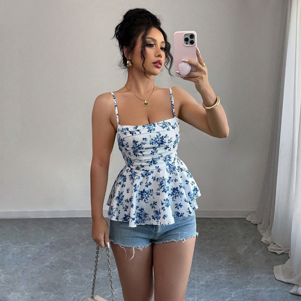 Women's Fashion Sexy Camisole Temperament Slim Design Floral Sleeveless Top - Blue On White Background, S