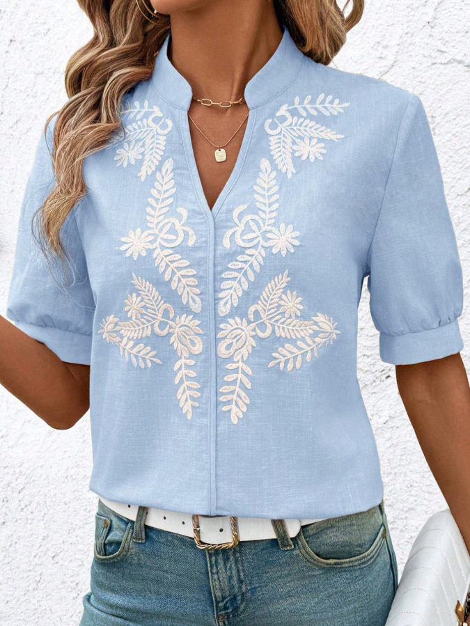 V-neck Fashion Pure Cotton Embroidery Short-sleeved Casual Shirt For Women - Blue, XXL