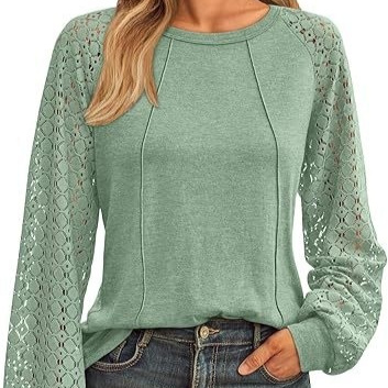 Women's Lace Patchwork Round Neck Pleated Long Sleeve Top - Green, 2XL