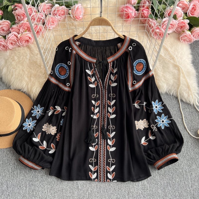 Women's Embroidered Crew-Neck Top With Lace-up Lantern Sleeves - Black, Free Size