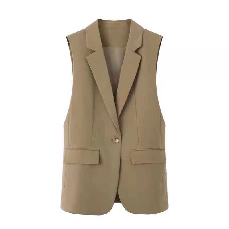 Womens Fashionable Slim-Fit Versatile Split-Panel Vest - Khaki, M