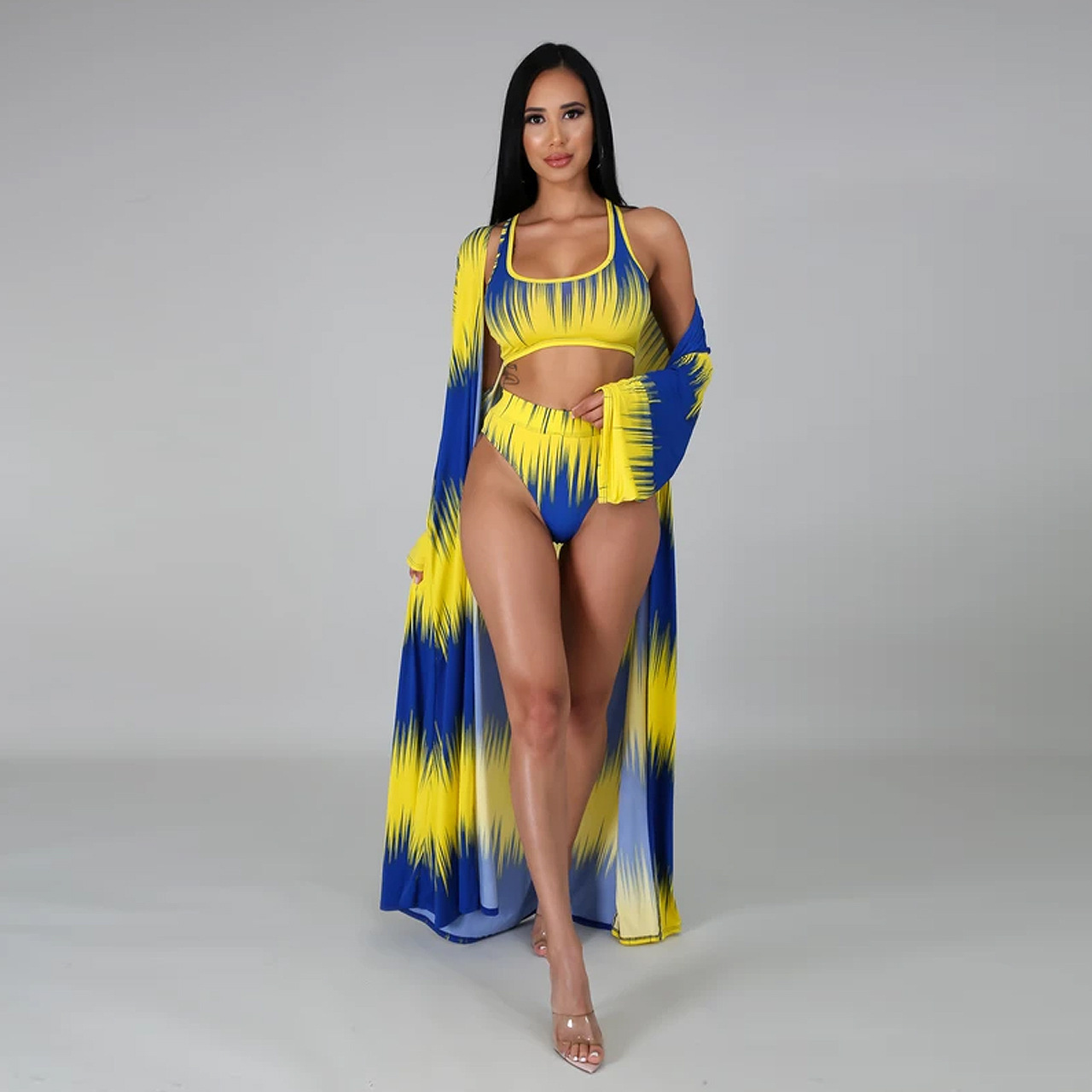 New Swimsuit Print Split Triangle Bikini Three-piece Set - Blue, L