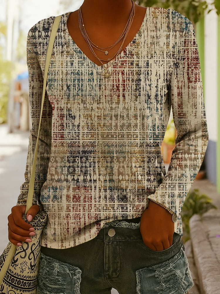 Fashionable Ethnic-Style Printed V-Neck Long-Sleeve T-Shirt - 3 Figure, 2XL