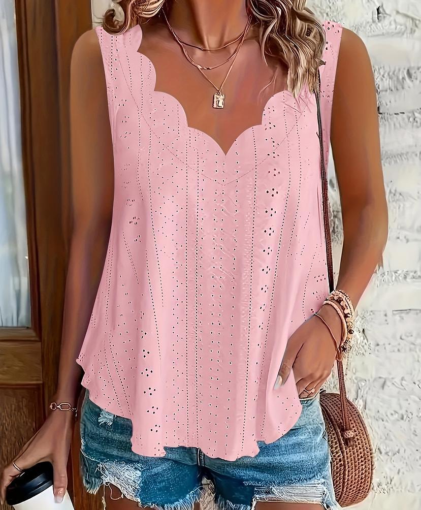 2026 Cross-border Spring And Summer New Style Independent Station Amazon Fashion Summer Plus Size Leisure Solid Color Scallop Edge V-Neck - Pink, 2XL