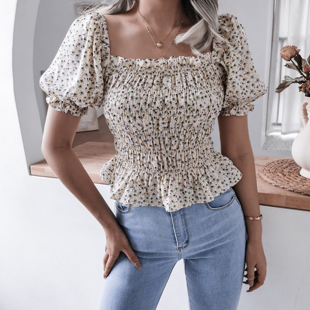 Square Neck Lantern Sleeve Ruffle Floral Chiffon Shirt Top - White, L