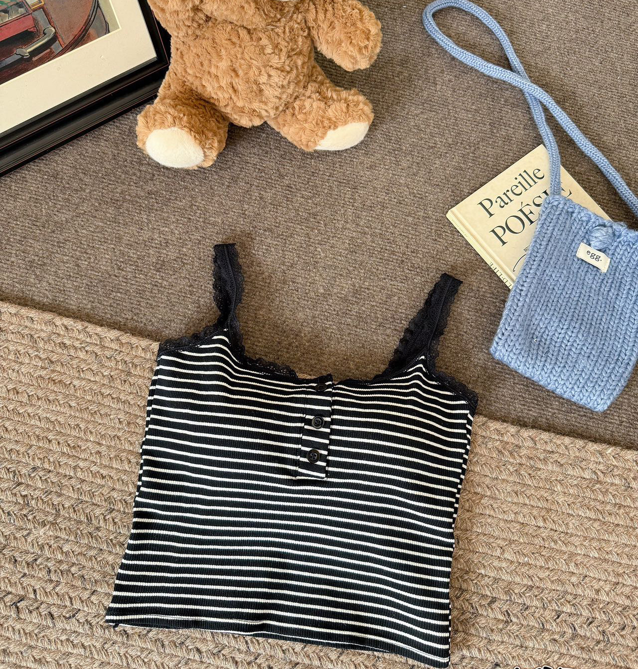 Vest Lace Slimming Stripes Button With Chest Pad - Striped Black, Free Size