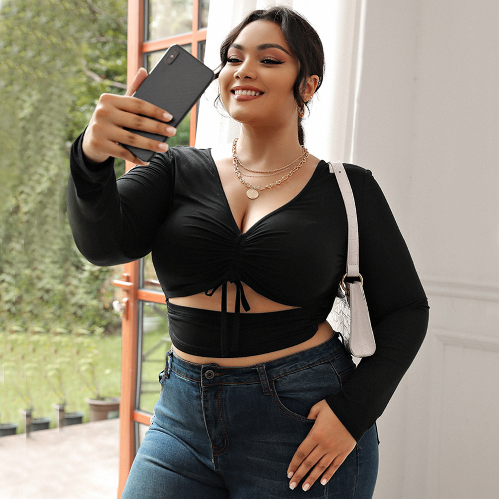 Women's Sexy V-neck High-end Black Long-sleeved Slim-fit Short Top - Black, 3XL