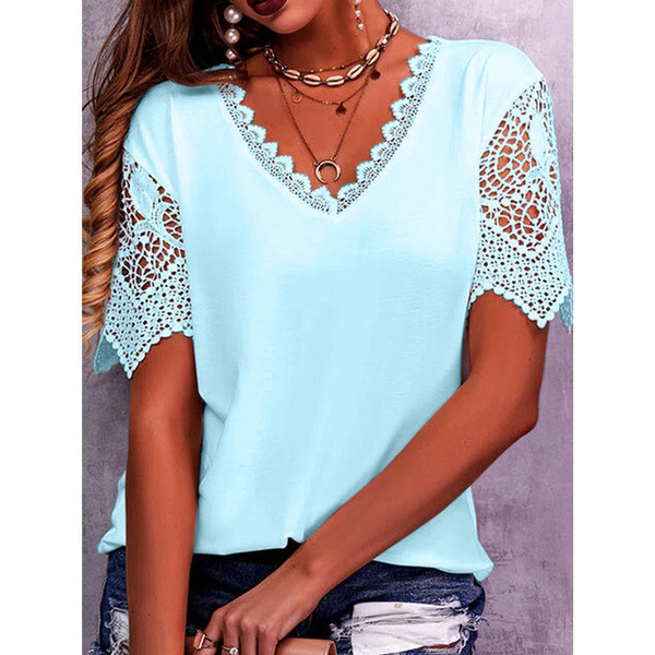Lace Tops Women Summer Loose V Neck Short Sleeve Casual Shirts - Light blue, S