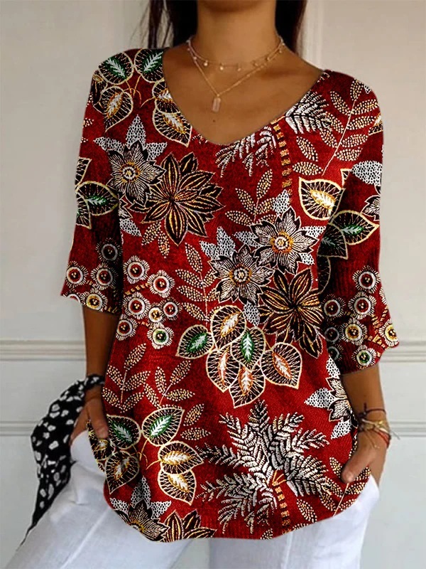 Elegant Retro Womens Casual Floral Print V-Neck Long-Sleeve Top - Style 3, XXL