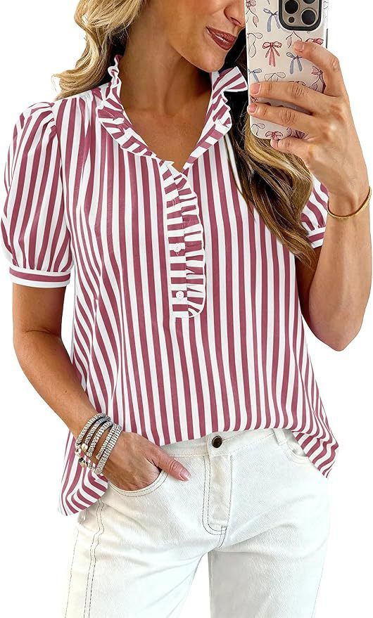 Puff-sleeve Striped Plaid Ruffled V-neck Button-up Top - Red Stripes, S