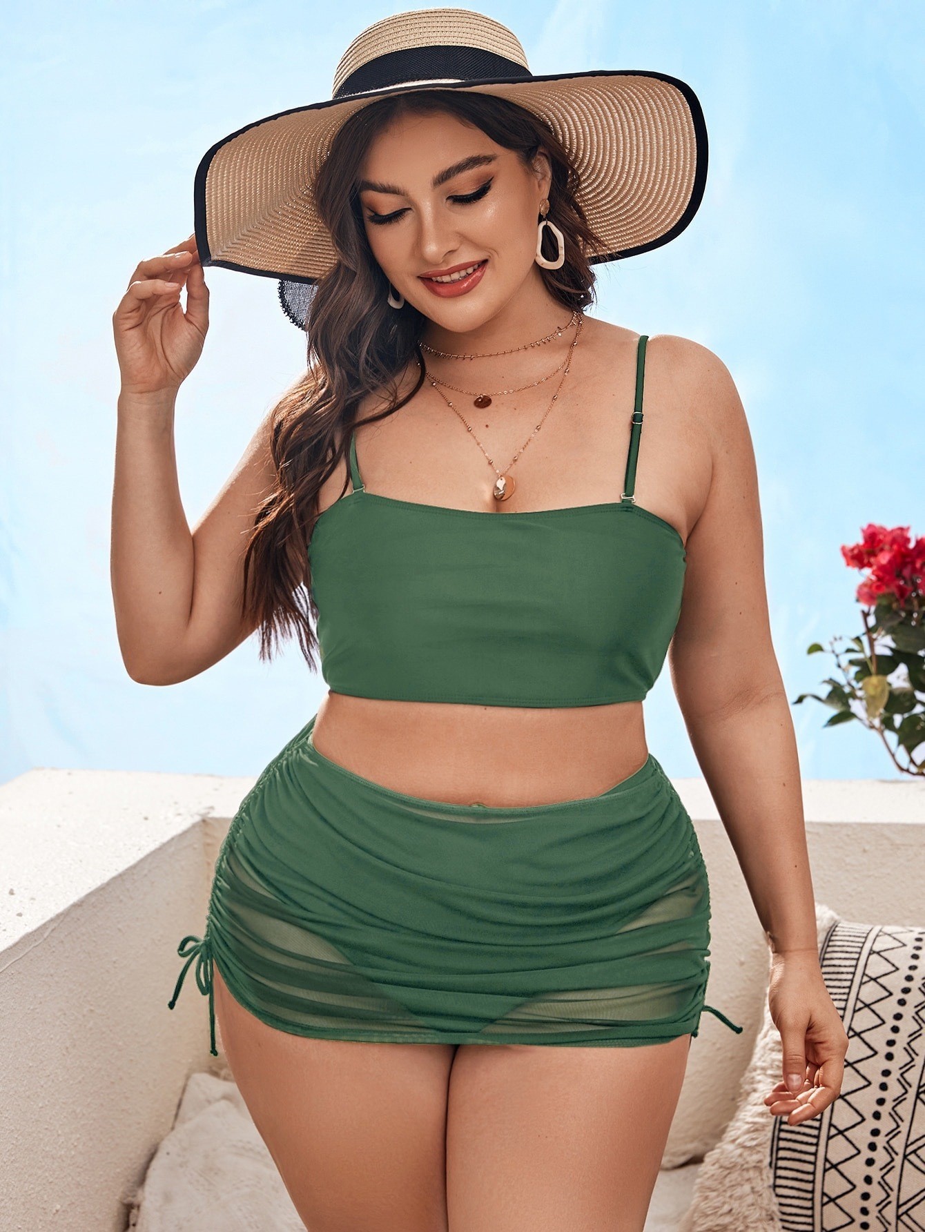 Pure Color Mesh Bikini Three-piece Set For Women - Green, 1XL
