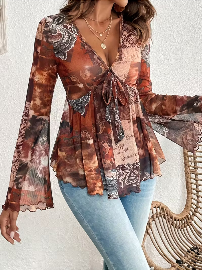 New Versatile Mesh Printed Deep V-neck Slim-fit Long Sleeve Top - Color1, 3XL