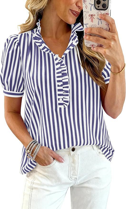 Puff-sleeve Striped Plaid Ruffled V-neck Button-up Top - Blue Stripes, XXL