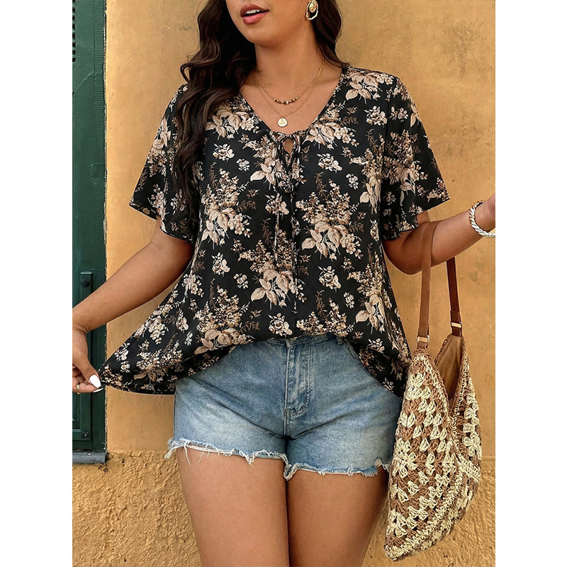 Plus-size V-neck Lace-up Ruffle-sleeve Chiffon Blouseen - Black, 3XL