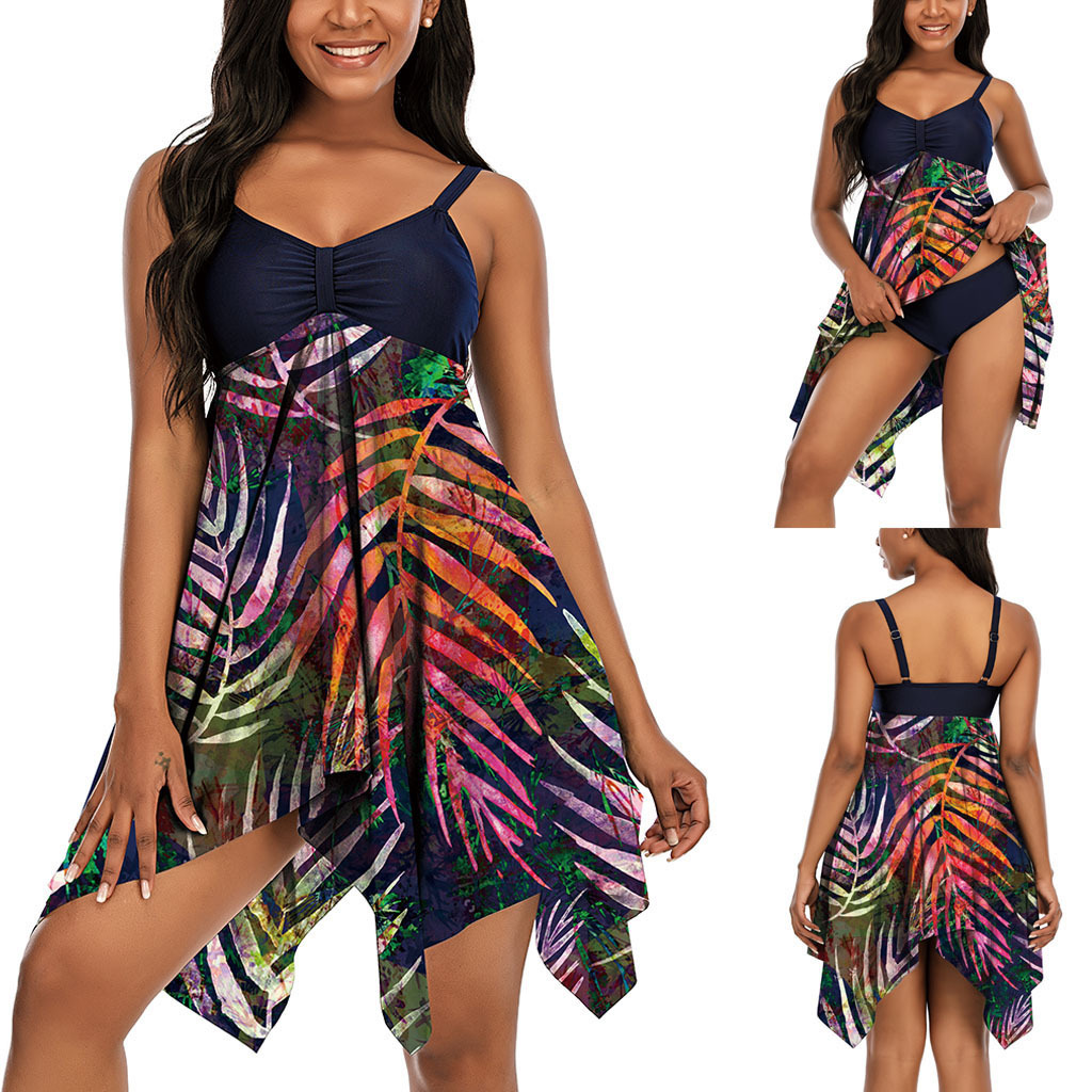 Split Conservative Slim Fit Triangle Swimsuit - Leaves, 2XL