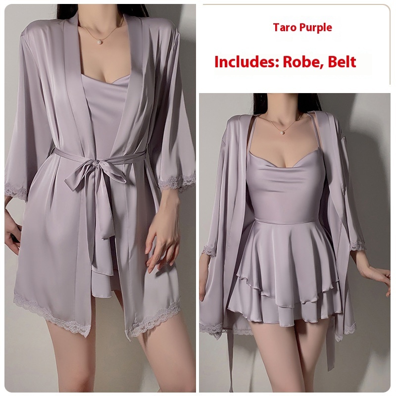 Underwear Pure Lace Slip Nightdress Outerwear Gown Homewear Suit - Purple Outerwear Gown Belt, Free Size