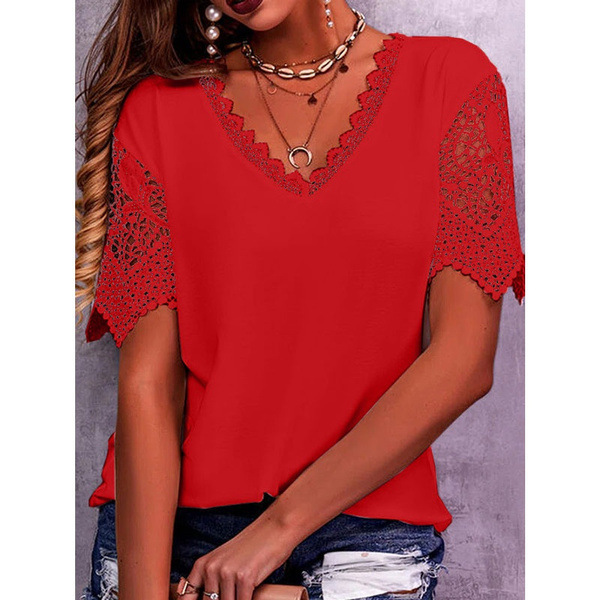 Lace Tops Women Summer Loose V Neck Short Sleeve Casual Shirts - Red, XXXXL