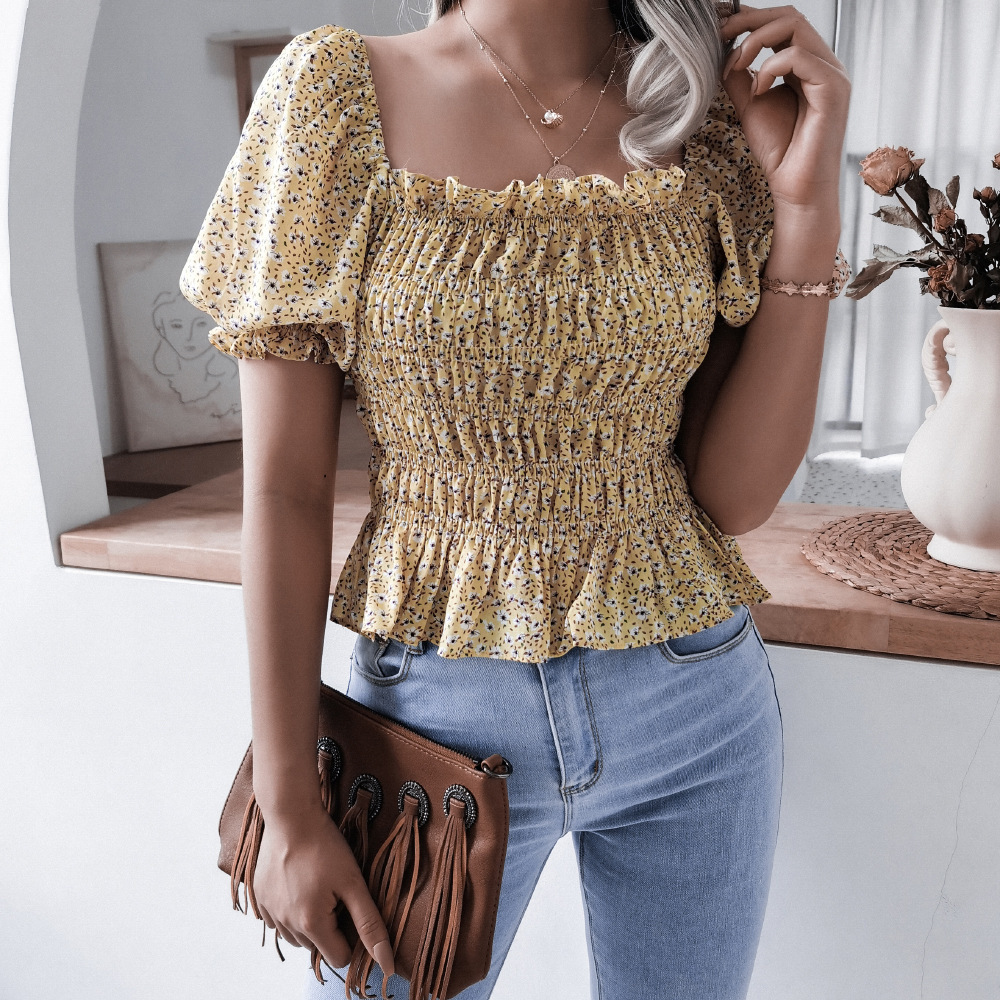 Square Neck Lantern Sleeve Ruffle Floral Chiffon Shirt Top - Yellow, S